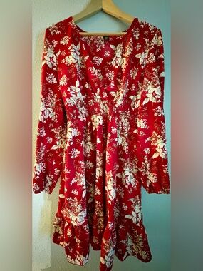 Flowy Red Floral Wrap-Style Long Sleeve Dress by SHEIN Curve